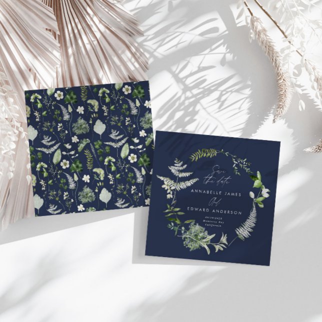 Navy blue elegant modern botanical script wedding save the date (Creator Uploaded)