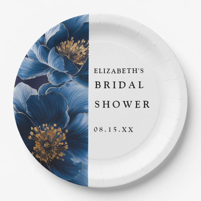 Navy Blue Elegant Modern Floral Bridal Shower Paper Plate (Front)