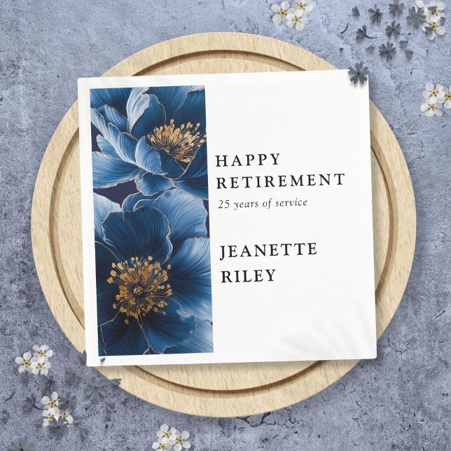 Navy Blue Elegant Modern Floral Happy Retirement Napkin (Navy Blue Elegant Modern Floral Happy Retirement Napkins)