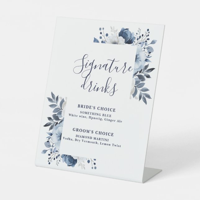 Navy Blue Elegant Modern Floral Signature Drinks Pedestal Sign (Front)