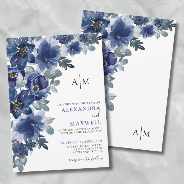 Navy Blue Elegant Modern Floral Wedding Invitation (Navy Blue Elegant Modern Floral Wedding Invitation)