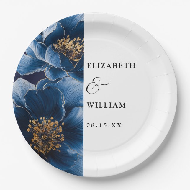 Navy Blue Elegant Modern Floral Wedding Paper Plate (Front)