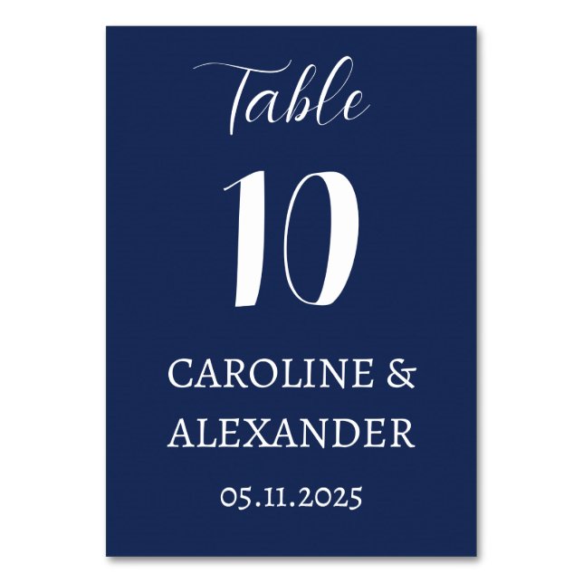 Navy Blue Elegant Modern Simple Wedding Table Number (Front)