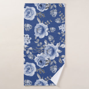 Navy Blue & Elegant Modern Watercolor Floral Bath Towel
