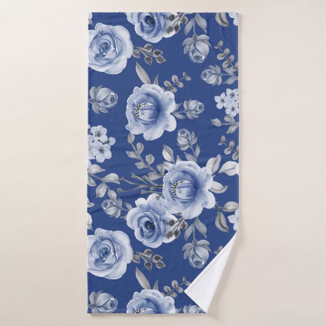 Navy Blue & Elegant Modern Watercolor Floral Bath Towel (Bath Towel)