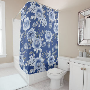 Navy Blue & Elegant Modern Watercolor Floral Shower Curtain