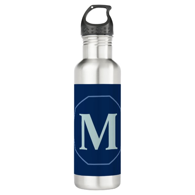 Navy Blue elegant monogram personalised 710 Ml Water Bottle (Front)