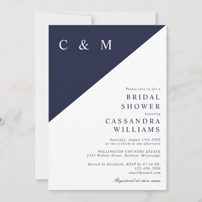 Navy Blue Elegant Monogram QR Code Bridal Shower Invitation (Front)