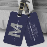 Navy Blue Elegant Name Monogram Luggage Tag<br><div class="desc">Create Your Own Stylish Elegant Custom World Traveller Navy Blue Initial Name Monogram Luggage Tag. This chic and stylish luggage tag adds a refined touch to any travel experience, making it the perfect accessory for the world traveller or anyone with a serious case of wanderlust. On the front, the design...</div>