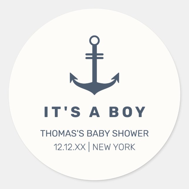 Navy Blue Elegant Nautical Anchor Baby Shower  Classic Round Sticker (Front)