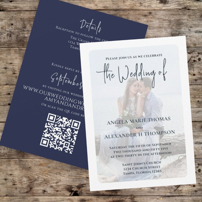 Navy Blue Elegant Photo QR Code Wedding RSVP Invitation (Elegant Wedding invitation with a Navy Blue and minimalist photo vellum photo overlay effect.)