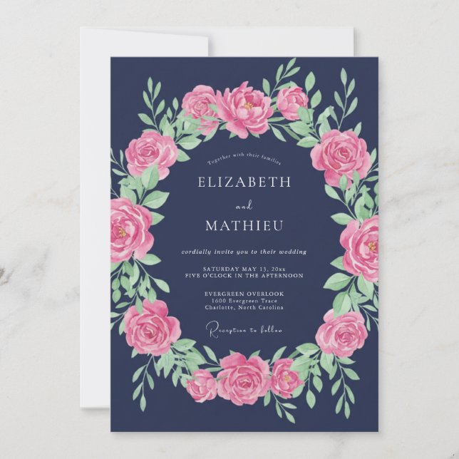 Navy Blue Elegant Rose Wedding Invitation (Front)