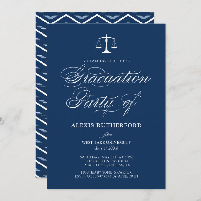 Navy Blue Elegant Script Law School Graduation Invitation (Front/Back)