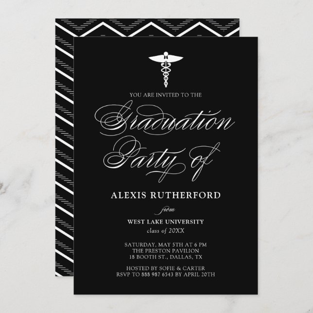 Navy Blue Elegant Script Medical School Graduation Invitation (Front/Back)