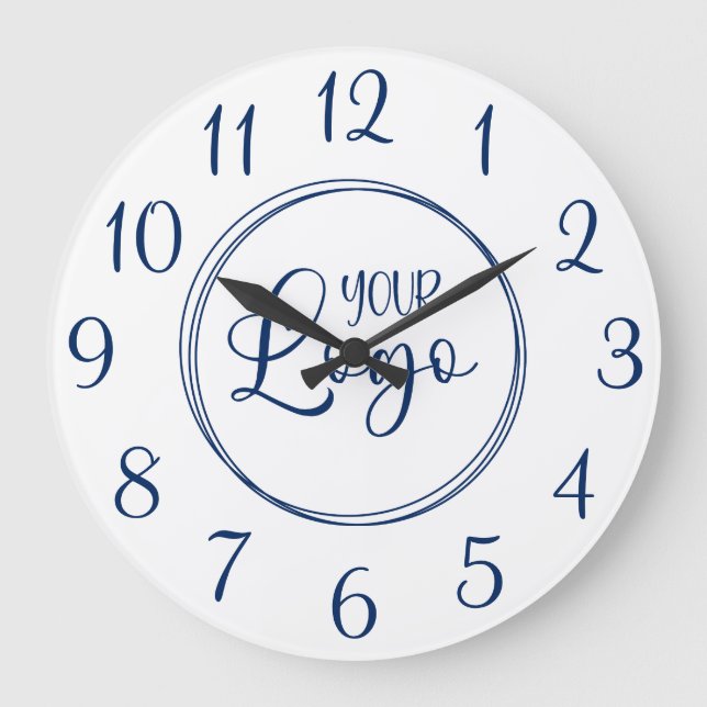 Navy Blue Elegant Script Numbers Logo Large Clock (Front)