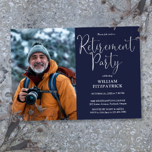 Navy Blue Elegant Script Photo Retirement Party Invitation