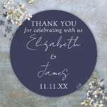 Navy Blue Elegant Script Wedding Thank You Classic Round Sticker<br><div class="desc">This navy blue minimalist elegant script wedding thank you sticker can be personalised with your information in chic typography. Designed by Thisisnotme©</div>