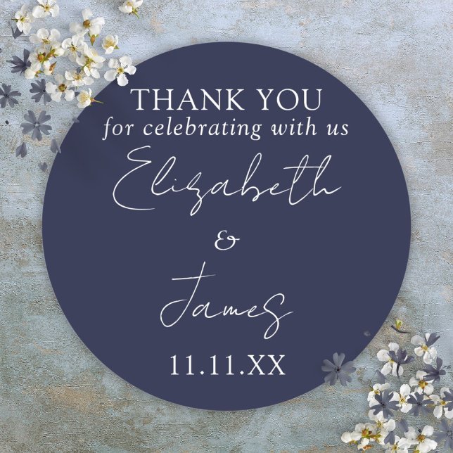 Navy Blue Elegant Script Wedding Thank You Classic Round Sticker (Navy Blue Elegant Script Wedding Thank You Classic Round Sticker)