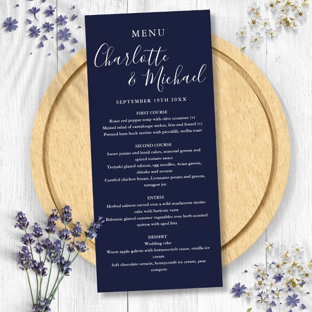 Navy Blue Elegant Signature Script Wedding  Menu (Navy Blue Elegant Signature Script Wedding Menu)