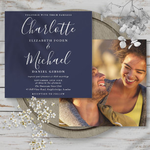 Navy Blue Elegant Signature Script Wedding Photo Invitation