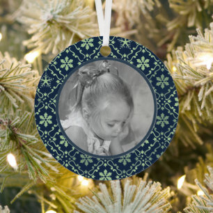 Navy Blue Elegant Snowflake Photo Christmas Metal  Tree Decoration