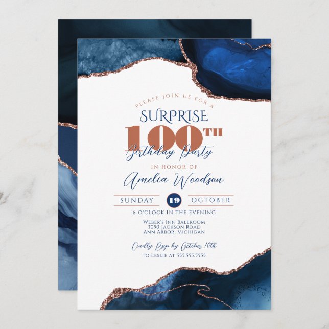 Navy Blue Elegant Surprise Adult 100th Birthday  Invitation (Front/Back)