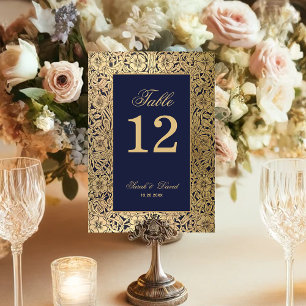 Navy Blue Elegant Vintage Gold Roses Wedding Table Number