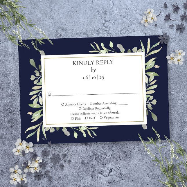 Navy Blue Elegant Watercolor Greenery RSVP Card (Navy Blue Elegant Watercolor Greenery RSVP)
