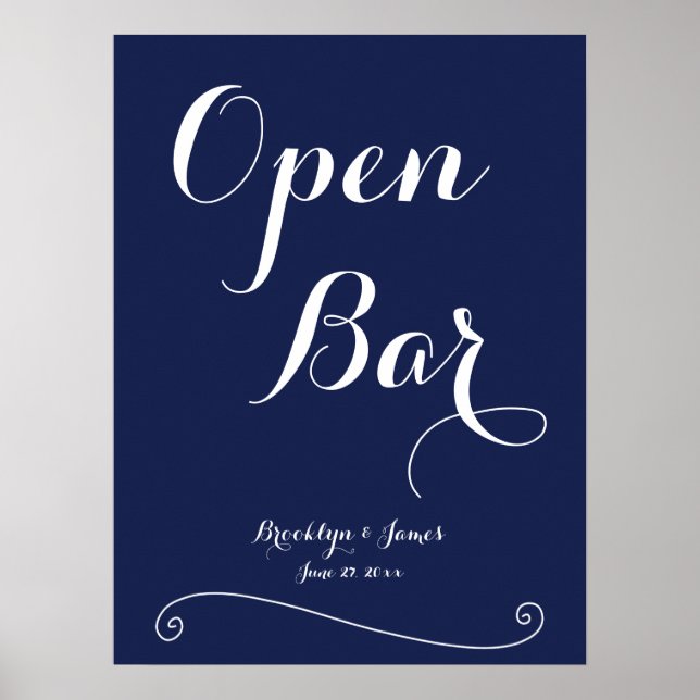 Navy Blue Elegant Wedding Open Bar Sign 18x24 (Front)