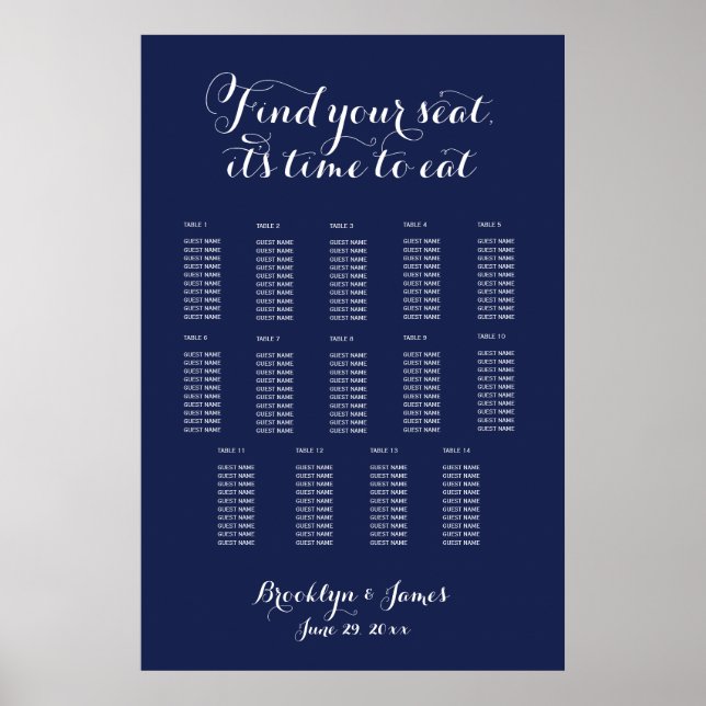 Navy Blue Elegant Wedding Seating Chart Poster (Front)
