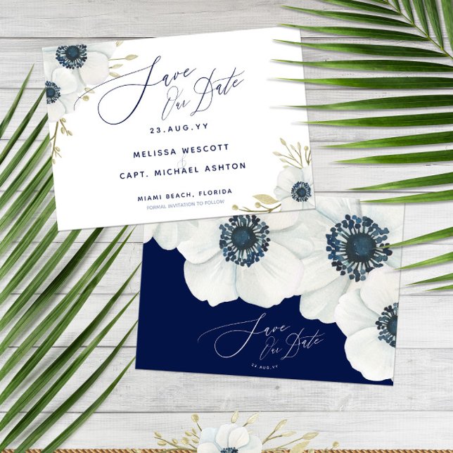 Navy Blue 💍 Elegant White Anemone Wedding  Save The Date (Navy Blue 💍 Elegant White Anemone Wedding Save The Date
)
