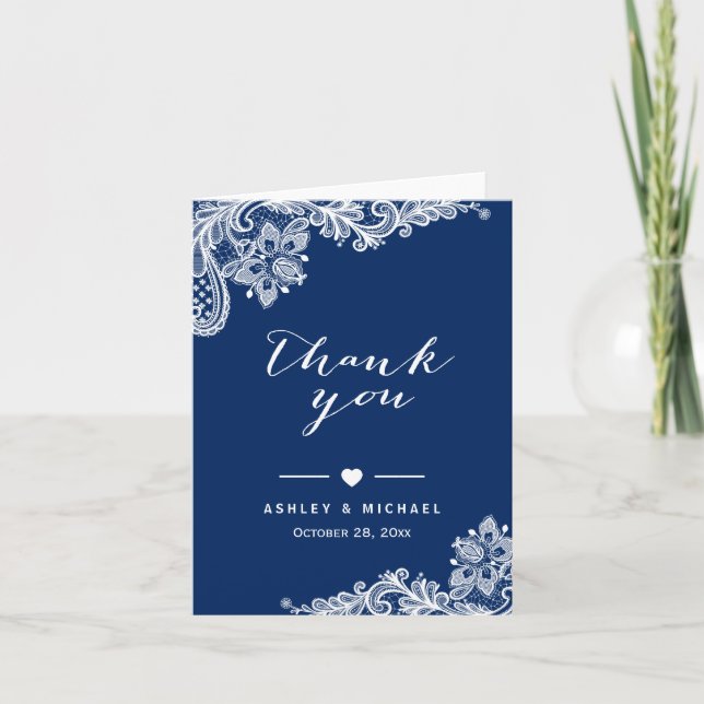 Navy Blue Elegant White Lace Floral Thank You Card (Front)