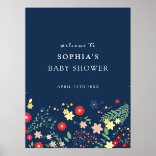 Navy Blue Elegant Wildflower Baby Shower Welcome Poster