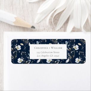 Navy Blue Elegant Winter Wildflower Wedding Addres Return Address Label