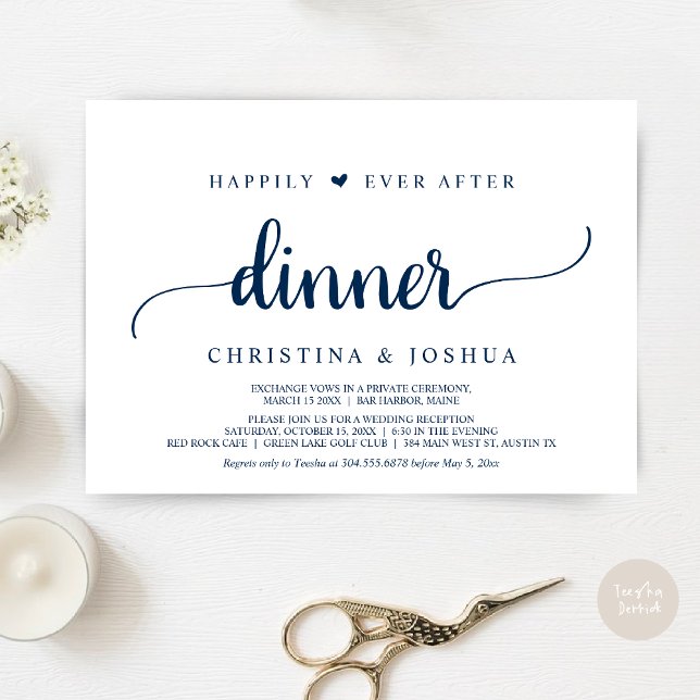 Navy Blue, Elopement, Happily Ever After Dinner Invitation (Happily Ever After Dinner Invitation Card, Modern Elopement Rustic Script, PDF, Navy Blue)