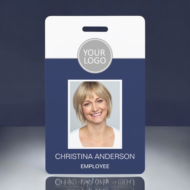 Navy Blue Employee Name Logo Photo Corporate Work ID Badge (Creator Uploaded)