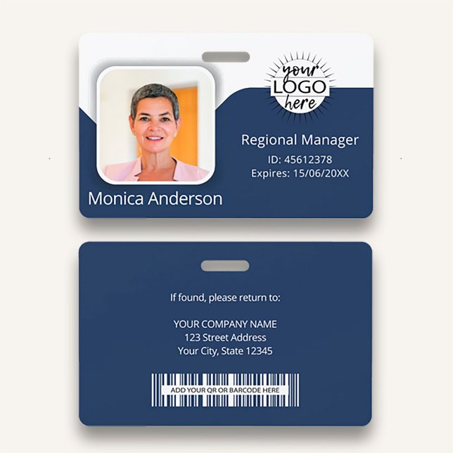 Navy Blue Employee Photo ID Name QR Bar Code ID Badge (Creator Uploaded)