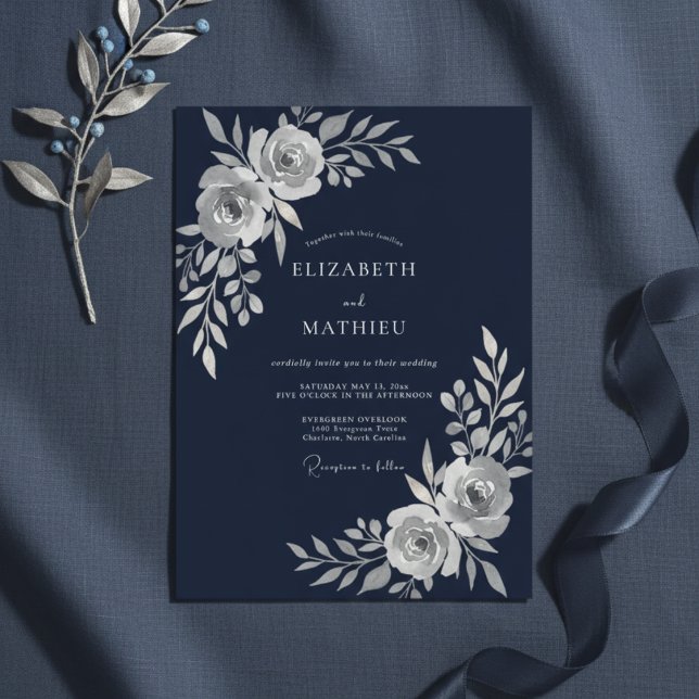 Navy Blue Ethereal Blossom Wedding Invitation (Creator Uploaded)