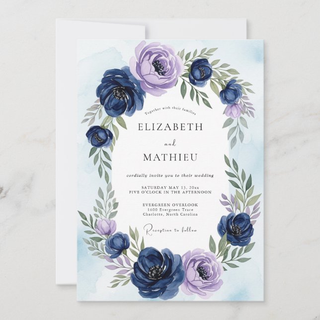 Navy Blue Ethereal Botanical Wedding Invitation (Front)