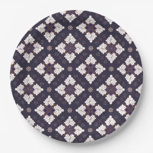 Navy blue ethnic damask batik seamless pattern paper plate
