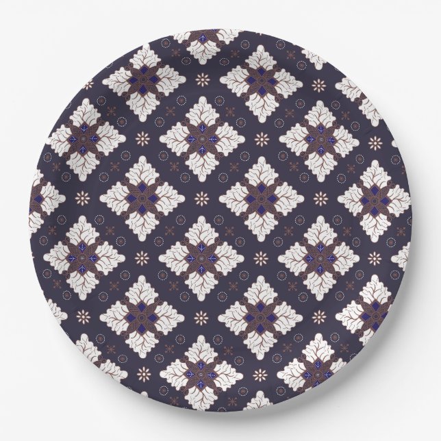 Navy blue ethnic damask batik seamless pattern paper plate (Front)