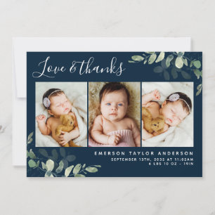 Navy Blue Eucalyptus 3 Photo Baby Birth Stats Thank You Card
