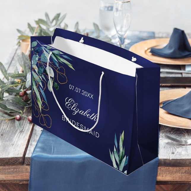 Navy blue eucalyptus greenery bridesmaid wedding large gift bag (Creator Uploaded)
