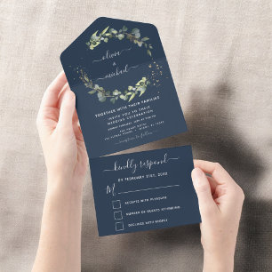 Navy Blue Eucalyptus Greenery Wedding Elegant All In One Invitation