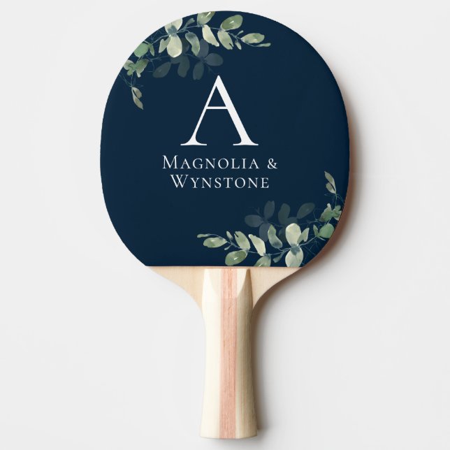 Navy Blue Eucalyptus Monogram Wedding Ping Pong Paddle (Front)