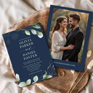 Navy Blue Eucalyptus Photo Greenery Wedding Invitation