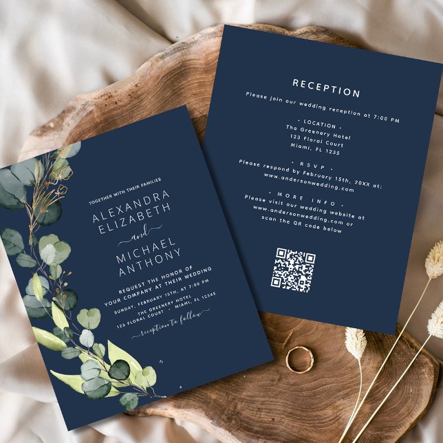 Navy Blue Eucalyptus QR Code Wedding Invitation Flyer (Creator Uploaded)