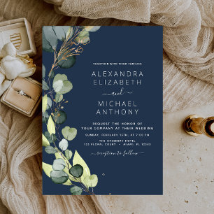 Navy Blue Eucalyptus Rustic Greenery Wedding Invitation