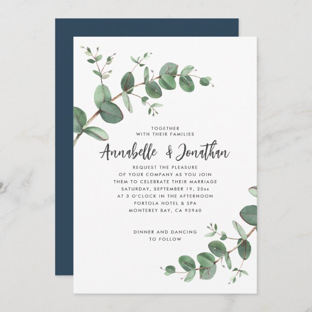 Navy Blue Eucalyptus script Modern Invitation (Front/Back)
