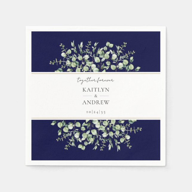 Navy Blue Eucalyptus Together Forever Wedding  Napkin (Front)
